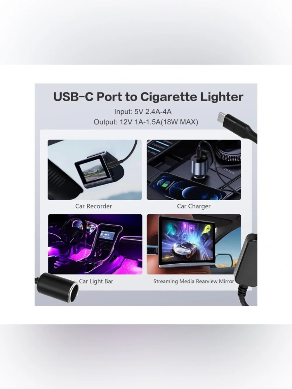 USB C to 12V Lighter Adapter for Dash Cam Power Bank GPS Car LED - Picture 3 of 6